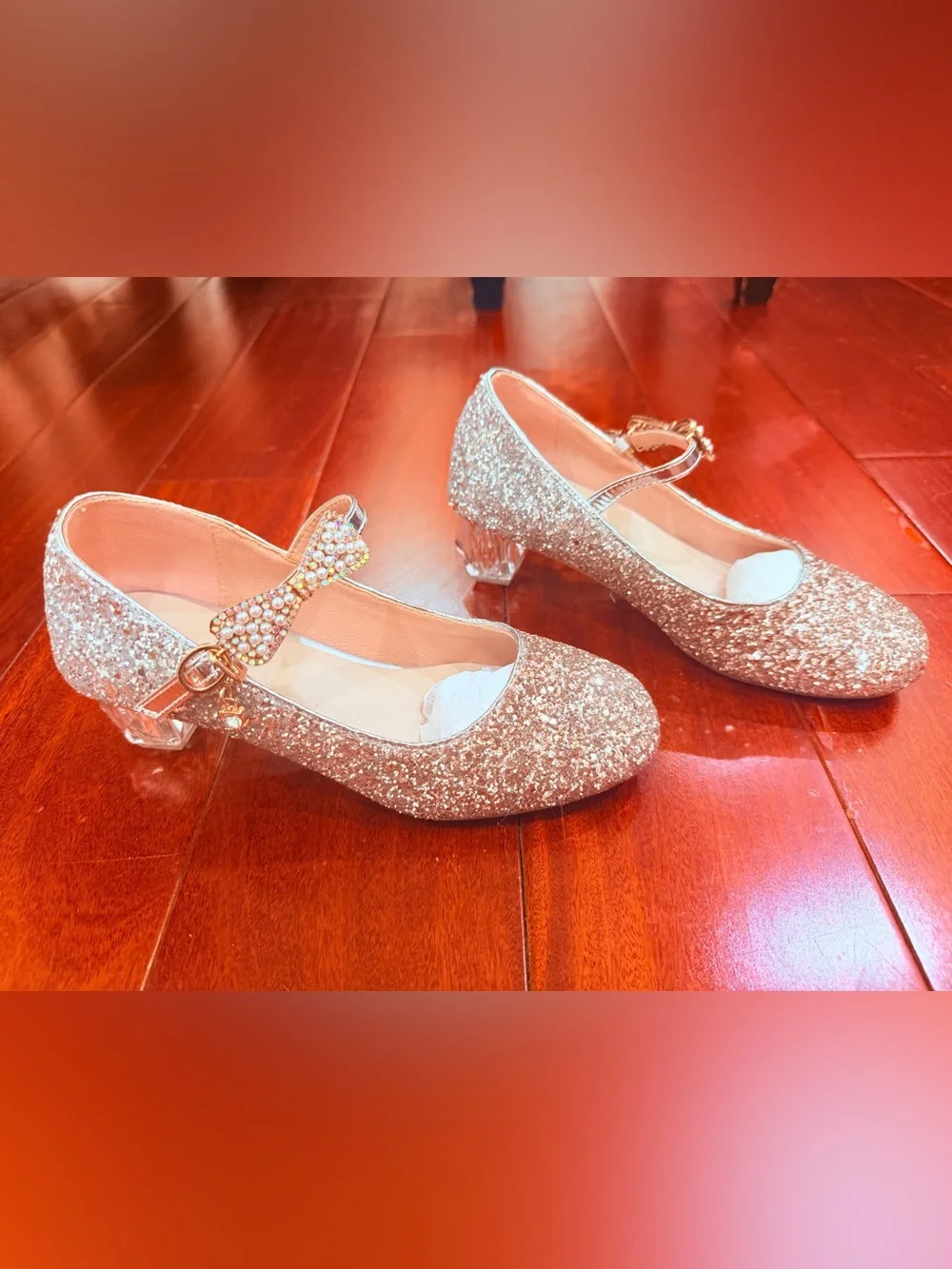 Girls' Glitter Mary Jane Heels with Bow Strap - Rose Gold